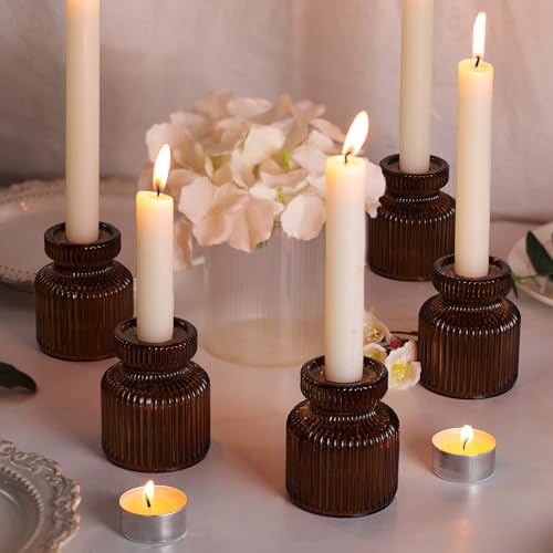 6 Pcs Amber Candlestick Holders - Glass Taper Candle Holders Tealight Votive Candle Holders for Table Centerpieces, Wedding, Dinner Party, Home, Gifts - color: Amber, size: 6Pcs