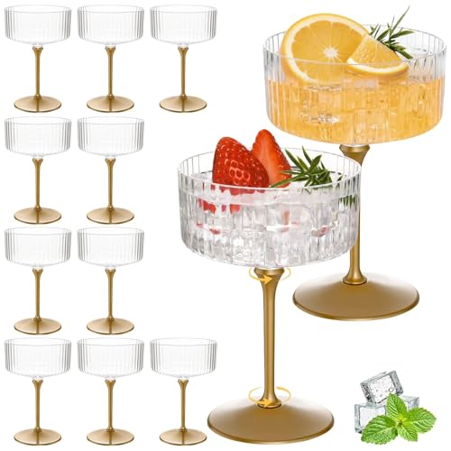 Set of 12 Plastic Martini Glasses, 10 oz Ribbed Coupe Glasses for Cocktails and Martinis, Disposable Espresso Martini Glasses. Ideal for Parties, Weddings, and Home Bars, Crystal Vintage Cups - color: Gold