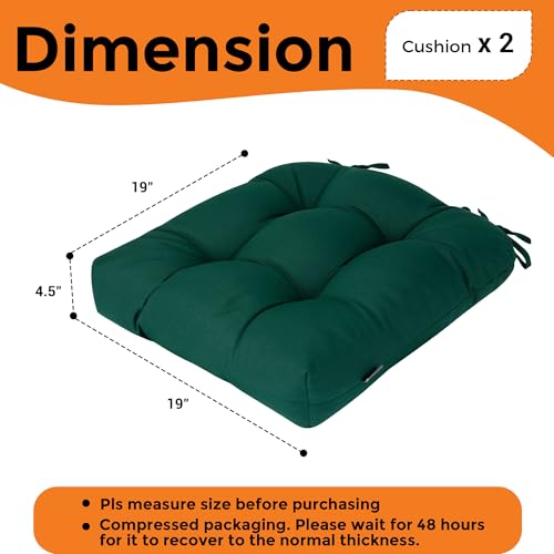 Magpie Fabrics Outdoor Tufted Seat Cushion 19"x19" Set of 2 (Dark Green) | Waterproof Patio Chair Pads with ties Tatami Floor Pillow for Room Garden Balcony Office - color: Dark Green