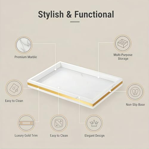 Natural Marble Tray, Marble Vanity Tray Organizer | Natural Marble, Jewelry Perfume Tray, Vanity Organizer, Non-Slip, Bathroom Dresser Nightstand, Gift for Her - color: White