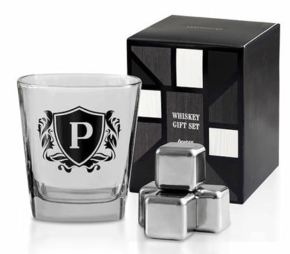 Whisky Gifts for Men, Personalized Initial Whiskey Glass with Whiskey Stones for Dad, Boyfriend, Best Friends, Coworkers, Husband, Brother, Uncle and Boss on Father's Day, Boss Day and Birthday - P - color: P