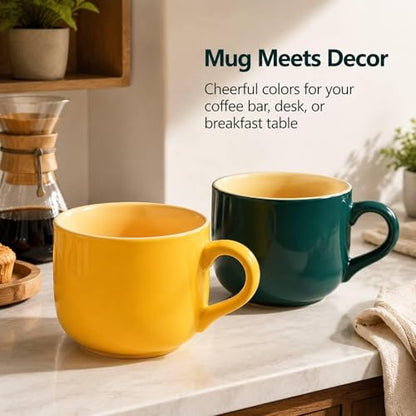 20 oz Ceramic Mug Set of 2, Yellow and Dark Green Oversized Coffee Cups for Tea, Soup, Cereal and Oatmeal, Wide Mouth Large Handle, Microwave Dishwasher Safe - color: 20 oz-Yellow&Dark green
