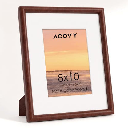 Acovy 8x10 Picture Frame, Natural Solid Mahogany Wood | Handcrafted Wooden Frame, Matted to 5x7, High Definition Tempered Glass, Wall Hook Included - color: Mahogany, size: 8"x10"