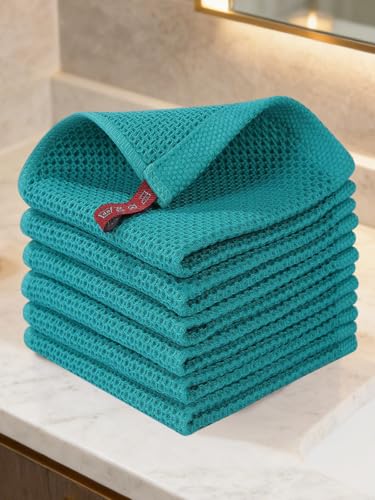 100% Cotton Waffle Weave Kitchen Dish Cloths, 6 Pack Ultra Soft Absorbent, Quick Drying Dish Towels, 6x6 Inches, Dish Rags for Drying Dishes & Daily Kitchen Use (Cyan) - color: Cyan