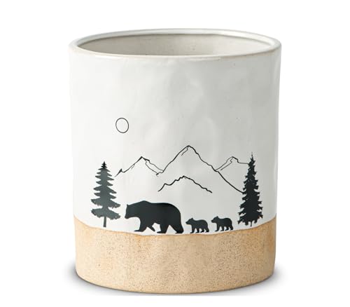 Ceramic Utensil Holder Nature Bear Design for Countertop utensil Crock | Ceramic utensil holder with a mountain and bear design keeps cooking tools organized while enhancing rustic kitchen décor.