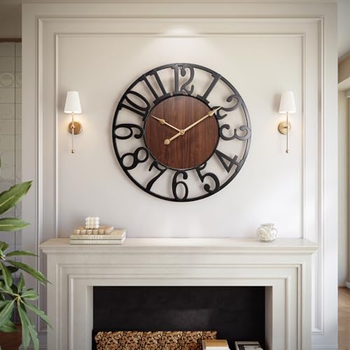 32 Inch Large Wall Clock, Arabic Numeral Wood Oversized Wall Clock | Vintage Round Modern Metal Wall Clock for Living Room Decor, Bedroom & Kitchen, Silent/Non Ticking/Battery Operated - color: Black-ironwood-arabic, size: 32 inch