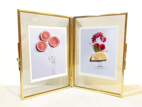 Gold Picture Frame - 4 * 6 Double Folding Glass Frame for Pressed Flowers - Vintage Brass Metal and Floating Frame - Hinged Photo Vertical (4 * 6)… - color: Gold 4*6, size: 10 x 15 cm