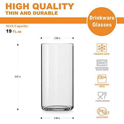 LUXU Drinking Glasses 19 oz, 4 pcThin Highball Glass,Clear Tall Beer Glass | Lead-Free Glassware,Clear Everyday Drinkware,Water Glasses,Mojito Glass Cups,Bar Glassware,and Mixed Drink Cocktail Glass Set - style: 19 OZ highball glass