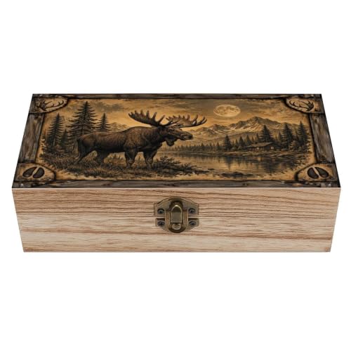 Moose Mountain Lake Wooden Storage Box Organizer Decorative Keepsake Memory Box Rustic - color: Moose Mountain Lake