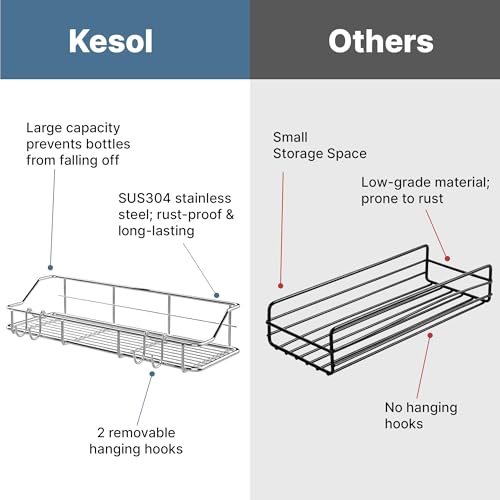 KESOL Adhesive Shower Caddy, Shower Shelf Organizer, SUS304, 2 Pack, Silver | Bathroom Organization with Hooks, Stainless Steel shower shelves - color: Silver