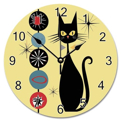 Cool Black Cat Wall Clock Atomic Mid Century 10 Inch Wooden Wall Clocks Battery Operated Farmhouse Decor Retirement Living Room Decor Gift for Man Woman Friend Anniversary - color: Style-5, size: 10x10 in