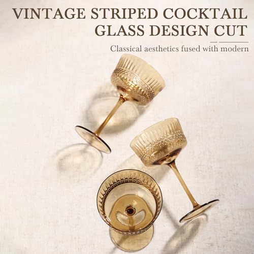 Amber Coupe Cocktail Glasses set of 6 - Ribbed Coupe Cocktail Glasses 9oz, Unique Cocktail Glass for Bar, Martini, Impressive Cocktail Party Glasses - color: Amber