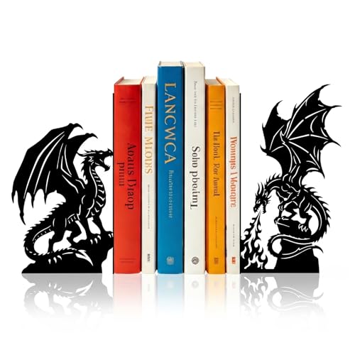 Sanwarm Bookends, 2 Pcs, Metal, Home Office Desk Shelves Dragon Charizard | Decorative Book Ends Non-Skid Book Stoppers Holder 1 Pair Gifts for Reading Enthusiasts Library Decor - color: Dragon 3