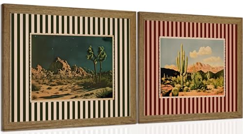 Vintage Western Cactus Wall Art Set of 2, Southwestern Desert Canvas Prints Wall Decor Mid Century Nature Striped Landscape Mexican Paintings Artwork for for Living Room Bedroom 12x16 inch Framed - color: Western scenery framed, size: 16L"x12W"