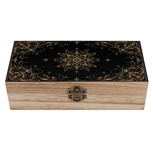Ornate Gold Mandala On Black Backdrop Vintage Wooden Keepsake Box with Hinged Lid, Small Jewelry Chest & Memory Storage Organizer for Women Home Decor - color: Ornate Gold Mandala On Black Backdrop