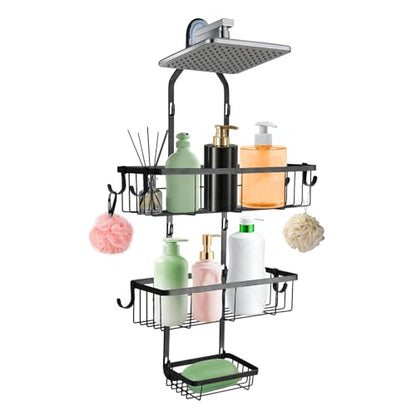 Shower Caddy Hanging Over Shower Head, Height Adjustable No Drilling Bathroom Hanging Shelf Organizer, Rustproof Shower Caddy Over with Hooks Shampoo Soap Holder for Inside Shower