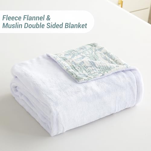 Viviland Cotton Muslin Blanket Reversible Fleece Blanket Lightweight Breathable Gauze Queen Size 90 x 90 Inches, Green Narcissus - color: Green Narcissus, size: Queen Size (90 X 90 Inches)