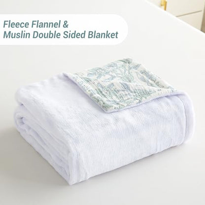 Viviland Cotton Muslin Blanket Reversible Fleece Blanket Lightweight Breathable Gauze Queen Size 90 x 90 Inches, Green Narcissus - color: Green Narcissus, size: Queen Size (90 X 90 Inches)
