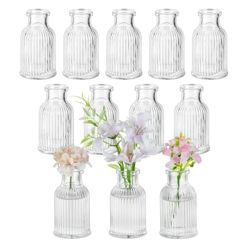 Glasseam Glass Bud Vases for Centerpieces: 12 Pcs Ribbed Small Flower Vases | Clear, Mini 3.7", Cute Table Centerpieces, Wedding Party, Baby Shower, Bridal Florist, Mini Home Decor, Living Room, Kitchen