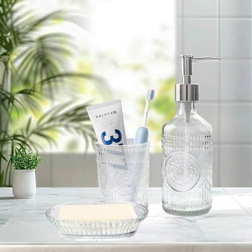 FEILANDUO 3Pcs Glass Bathroom Accessories Set, Lotion & Soap Dispenser, Toothbrush Holder, Soap Dish, Modern Bathroom Countertop Decor for Home, Housewarming Gift (Clear, 3 Pcs Bathroom Set)