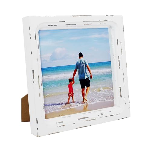 6x6 Picture Frame Made of Solid Wood High Definition Glass Rustic Vintage Designs Small Photo Frame for Tabletop Display and Wall Mounting, Distress White - color: Distress White A, size: 6" X 6"