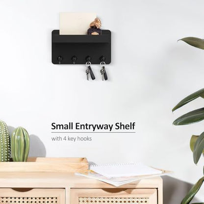 Nekon Key Holder Wall Mount, 8.5 Inch Small Wooden Wall Organizer, Black | Rustic Wall Shelf, Farmhouse Key and Mail Holder for Living Room Entryway Kitchen - color: Black