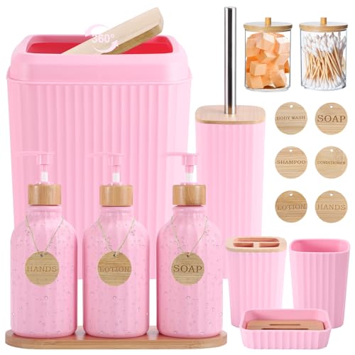 Pink Bathroom Accessories Set 17PCS Bathroom Set with Trash Can 3PCS Lotion Soap Dispenser, Toothbrush Holder, Soap Dish,Tumbler Cup,6PCS Wood Tags Bath Accessories with Tray for Kitchen Bathroom - size: Bath Set, style: Pink