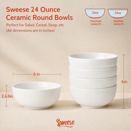 Sweese 24 oz Ceramic Cereal Bowl Set of 4, 6" Breakfast Bowl Stackable, Round Serving Bowl for Rice, Snack, Fruit and Everyday Meals, White - color: White, size: 24 Ounce (Set of 4)