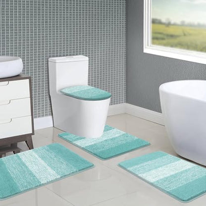 Bsmathom Bathroom Rug Set 4 Piece, Plush Microfiber Bath Mat, Teal | Super Water Absorbent, Non Slip Machine Washable Bath Rug Sets with Toilet Lid Cover and U-shaped Contour Toilet Mat - color: Teal, size: 18"x26"+20"x31"+U20"x24"+Cover19"x21"