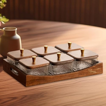 Divided Serving Tray with Lid, Made of Glass and Wood, Snack Bowl with Compartments for Fruit, Nuts, and Sweets. and Practical for Kitchen, of, 6 Compartments - size: 6 Compartments