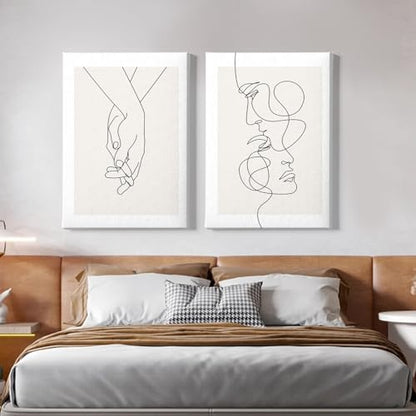 Abstract Couple Line Art Line Face Wall Art Minimalist Line Art Prints Black Line Pictures Holding Hands Canvas Wall Art Black and White Minimalist Poster for Living Room Bedroom 16x24inx2 Framed - color: Abstract Couple Line Art Framed