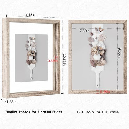 MUYE 8x10 Floating Frame Distressed Beige White Wood Pattern,Double Glass Picture Frame Set of 2 Display Any Size Photo up to 8x10,Wall Mount or Tabletop Stand - color: Beige, size: 8x10