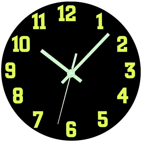 Glow in The Dark Wall Clock, 10 Inch Modern Silent Non Ticking Wall Clocks Battery Operated, Night Light Wall Clock for Living Room Decor, Wall Clocks Decorative for Kitchen Bedroom（Black） - color: Black, size: 10 Inch