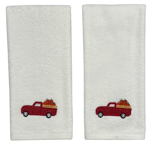 Farmhouse Fall Hand Towels for Bathroom: Ivory Vintage Truck Carrying Pumpkins Design, 100% Cotton, 2 Piece Set, 16" x 25 (Red Truck) - color: Red Truck