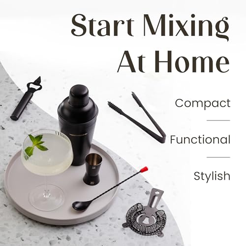 Cocktail Shaker Set - 8 Piece Bartender Kit on Quality Pine Stand | Complete Cocktail Kit Gift Set | Top Bartender Gifts for Men | Leak Proof Design (Black) - color: Black / Light Stand, size: 8 Pieces