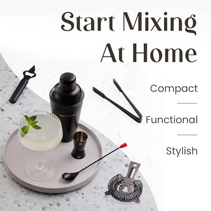 Cocktail Shaker Set - Bartender Kit with Pine Stand | Leak-Proof Design | Includes Martini Shaker, Jigger, Strainer, Spoon, Tongs | Perfect Bar Tools Gift for Home Mixology (Black) - color: Black, size: 8 Pieces