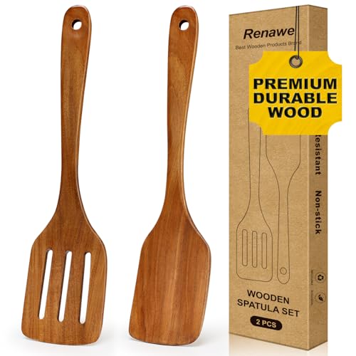 2Pcs Non Toxic Acacia Wood Spatula for Cooking Utensils Set Flipping Turner | Flat Wooden Spatulas for flipping Frying Kitchen Spurtle Organic Olive Teak Wood Utensils Non Stick Bamboo Slotted Spatula - color: 2 PCS SPATULAS