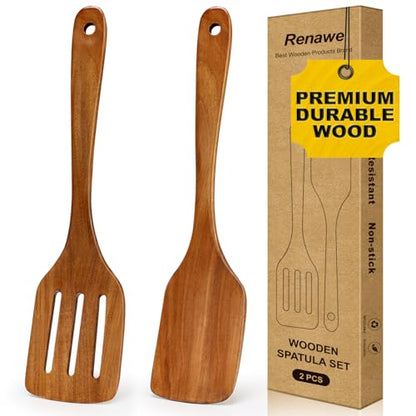 2Pcs Non Toxic Acacia Wood Spatula for Cooking Utensils Set Flipping Turner | Flat Wooden Spatulas for flipping Frying Kitchen Spurtle Organic Olive Teak Wood Utensils Non Stick Bamboo Slotted Spatula - color: 2 PCS SPATULAS