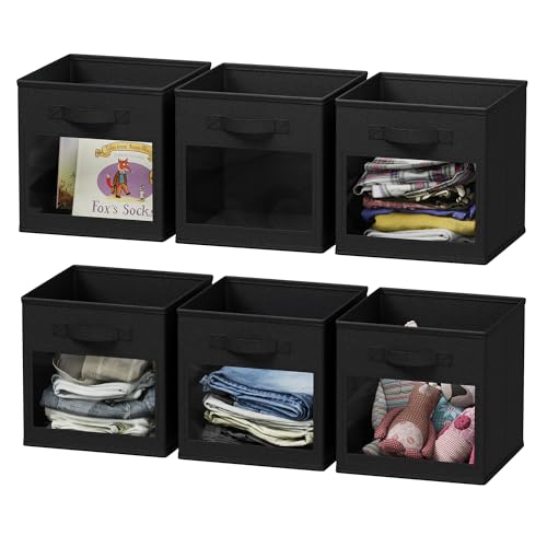 SpaceAid Storage Cubes with Clear Windows, Set of 6 Fabric Bins, 11 Inch Foldable Baskets Boxes for Closet, Cubby Shelf or Cube Storage Organizer, Black - color: Black