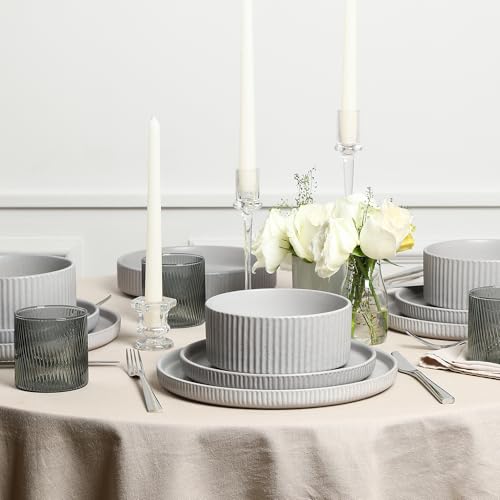 Stone Lain Haven Stoneware 32-Piece Dinnerware Set, Plates and Bowls Sets for 8, Grey Dish Set, Includes Dinner and Salad Plates, Cereal Bowls, Glassware, Microwave & Dishwasher Safe - color: Gray, size: 32-Piece - Drinking Glasses