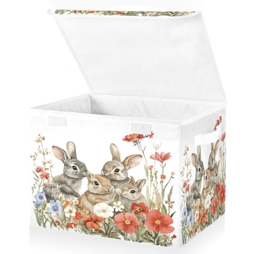 senya Easter Baskets Collapsible Storage Bins with Lids, Red Flowers Bunnies Storage Boxes Clothes Baskets for Organizing - color: Easter 1