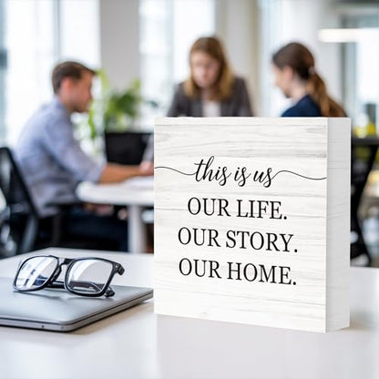 This Is Us Our Life Our Story Our Home Wooden Box Sign Decor, Family Signs for Living Room Entryway, Welcome Plaques for Desk Table Wall, Housewarming Gifts for New Home, 5x5 Inch