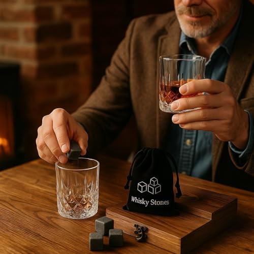 Premium Whiskey Stones Gift Set with 2 Crystal Glasses, Wooden Box, 8 Granite Chilling Rocks