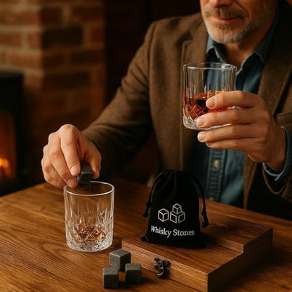 Premium Whiskey Stones Gift Set with 2 Crystal Glasses, Wooden Box, 8 Granite Chilling Rocks
