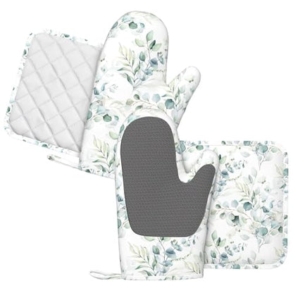 Eucalyptus Leaf Oven Mitts and Pot Holders Sets for Kitchen Silicone Sage Green Botanical Watercolor Plants Oven Gloves Heat Resistant Oven Mitts with 2 Non-Slip Pads Kitchen Gloves for BBQ - color: White Green