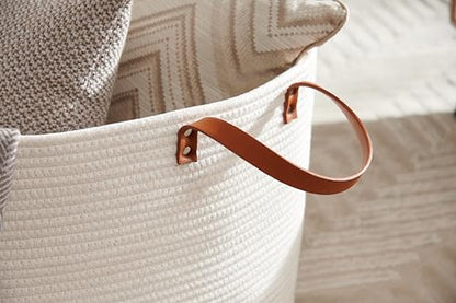Extra Large Nursery Storage Basket, 22 x 22 x 14 inches - 100% Cotton Rope Baskets with Handles, Laundry Basket for Toys, Blankets & Pillows - Off White with Leather Handles - color: White