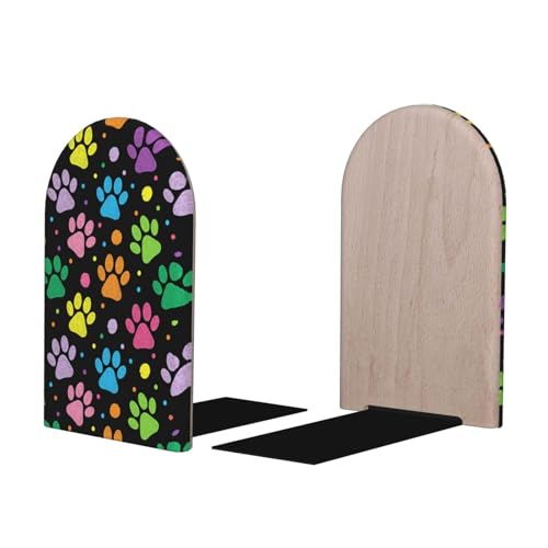 Wood Bookends for Shelves, Dog Paw Print Decorative Non-Slip Book Ends for Office Home Decor, Aesthetic Book Stopper/Stands/Holder, Book Dividers, Desk Organizers
