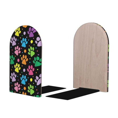 Wood Bookends for Shelves, Dog Paw Print Decorative Non-Slip Book Ends for Office Home Decor, Aesthetic Book Stopper/Stands/Holder, Book Dividers, Desk Organizers