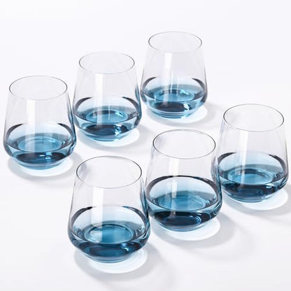 JOVGANK Blue Stemless Wine Glasses Set of 6 - Hand Blown White Red Stemless Wine Glass - 17 oz, [Lead-Free Crystal Glass] Large Short Glass Tumblers, Housewarming Gifts and Mother's Day Gift - color: Blue