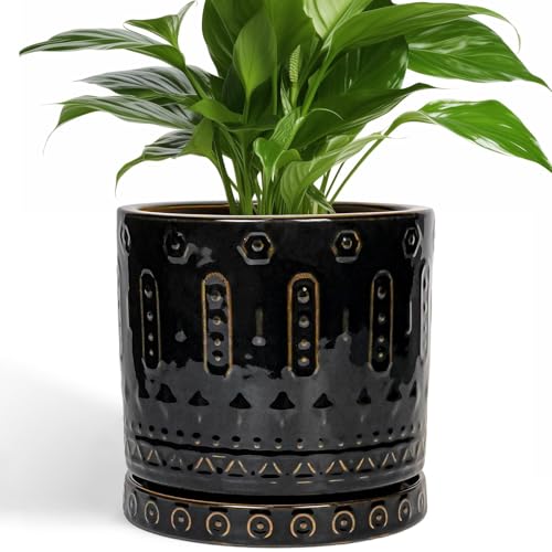 Eightpot 8 Inch Pots for Plants, Ceramic Plant Pot for Indoor Outdoor, Round Planter with Drainage Hole and Tray, Modern Flower Pot, Decorative Plant Pots, Room Decor, House Warming Gifts, Black - color: Black - 2, size: 8 Inch